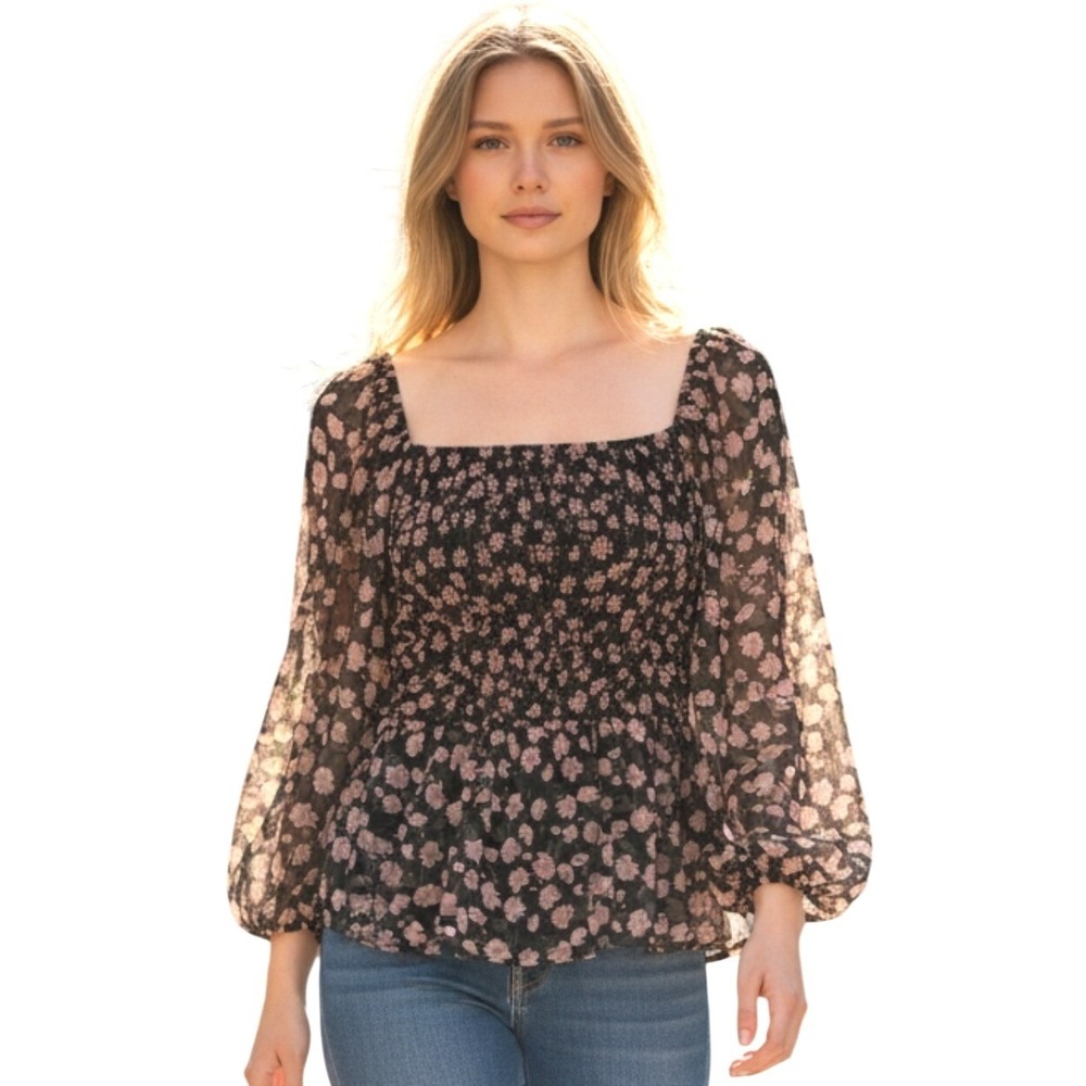 American Eagle Chiffon Sweetheart Women's sz XL Ruched Smocked Floral Whimsy Top